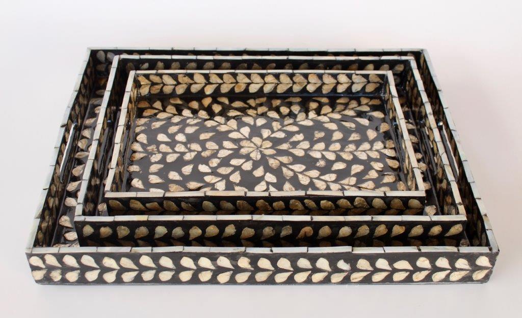 Set Of 3 Black & Silver Rectangular Capiz Trays